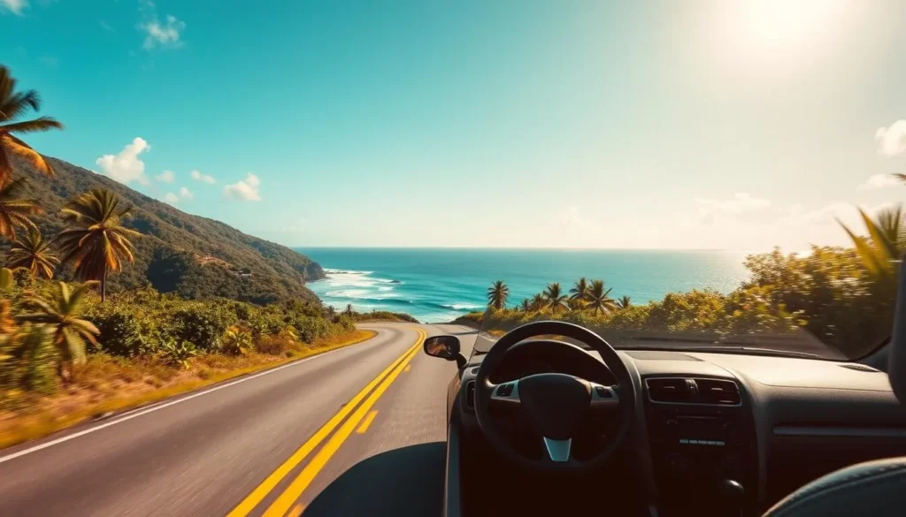 Rental car driving along a coastal road in Antigua with ocean views