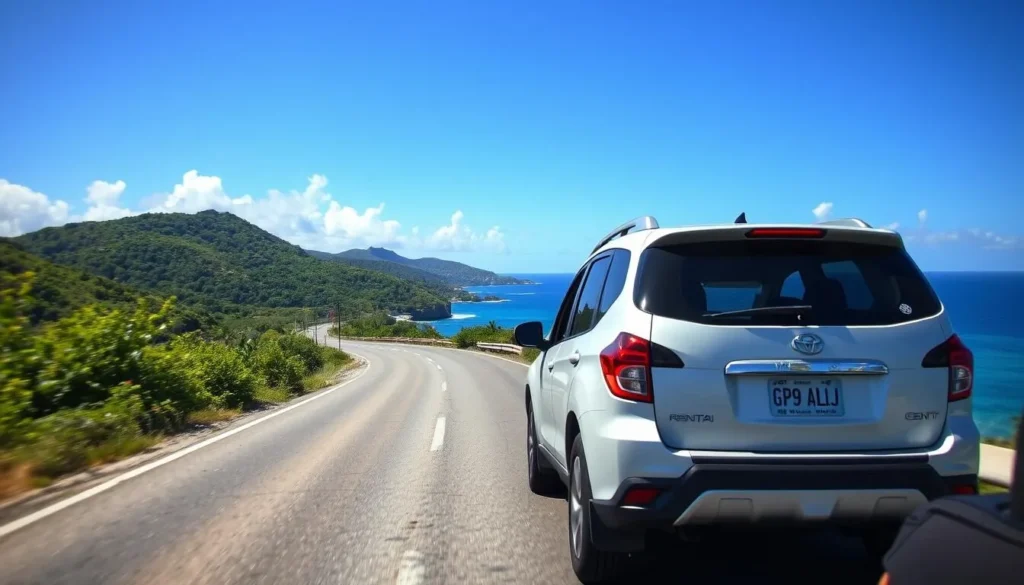 Rental car driving along coastal road in Antigua