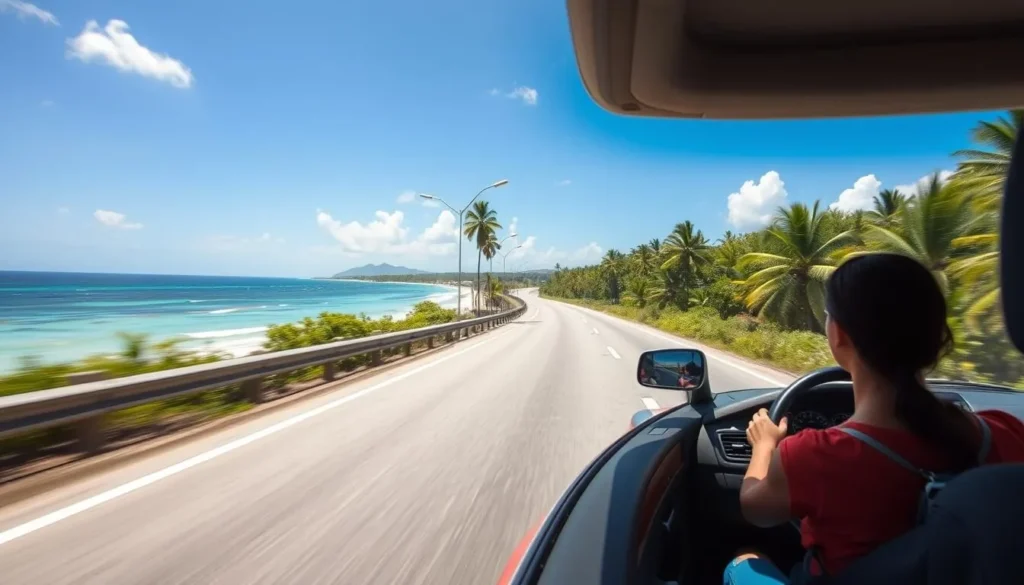 Rental car driving along the coastal highway in Quintana Roo with Caribbean Sea views