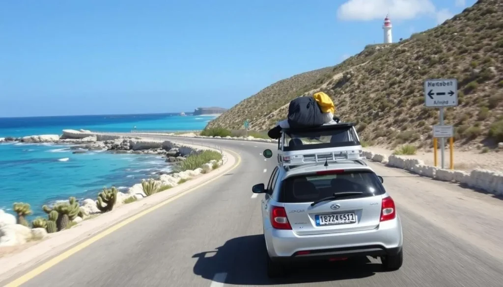 Rental car driving along the scenic coastal road in Noord, Aruba