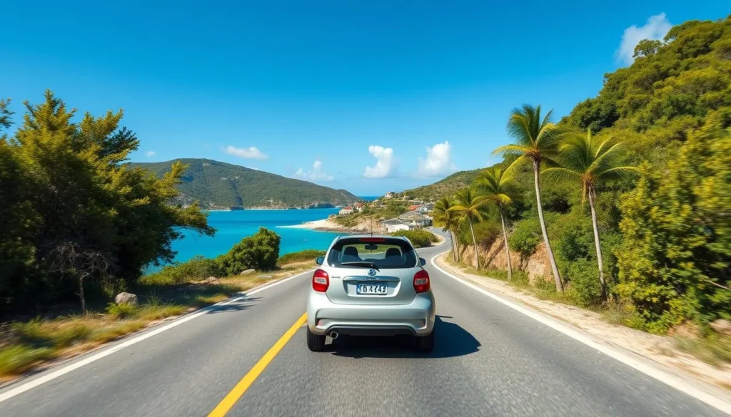 Rental car driving on a coastal road in Anguilla near Stoney Ground Village