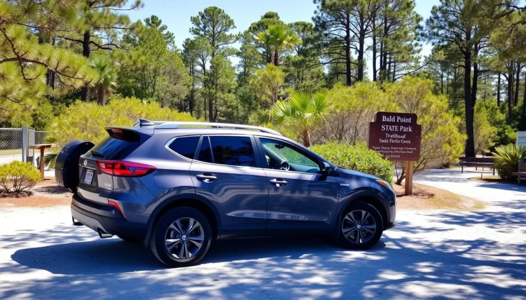 Rental car parked at Bald Point State Park Florida trailhead with hiking gear