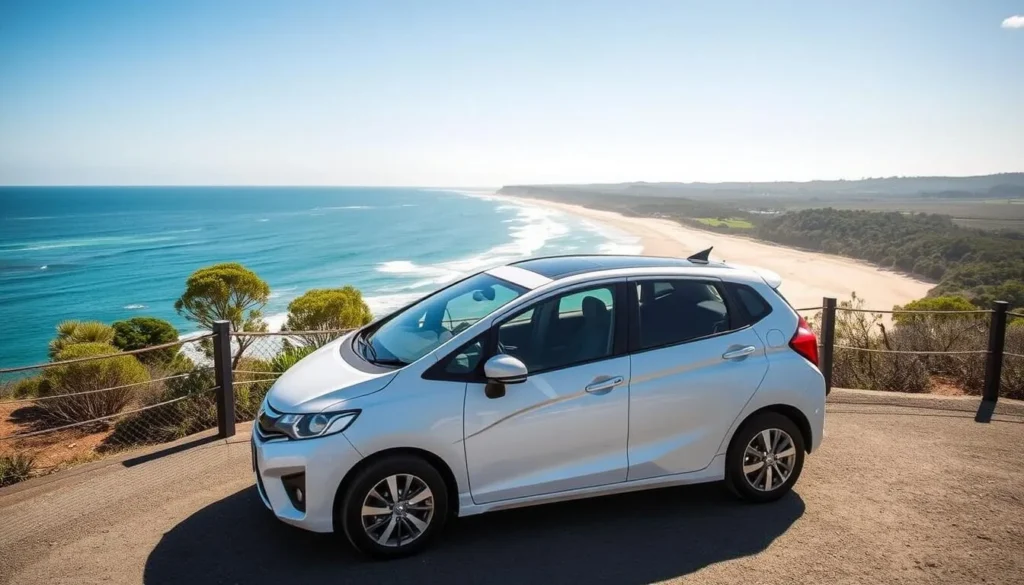Rental car parked at Seven Mile Beach lookout in Shoalhaven, New South Wales Rental car parked at Seven Mile Beach lookout in Shoalhaven, New South Wales