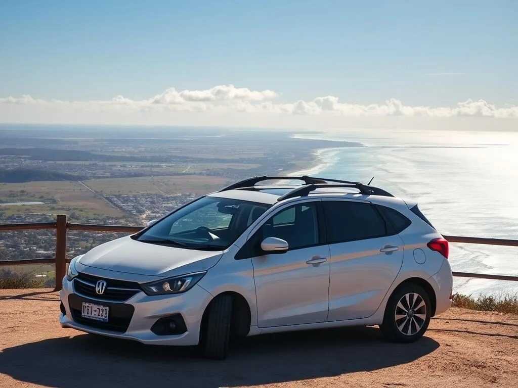 Rental car parked at a scenic lookout in Bundaberg with ocean views Rental car parked at a scenic lookout in Bundaberg with ocean views