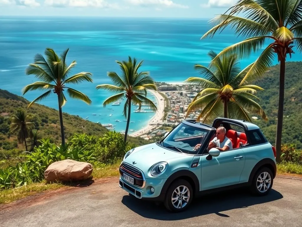 Rental car parked at a viewpoint overlooking Fitts Village Barbados coast