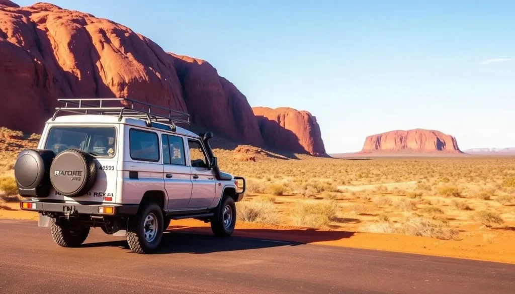 Rental car parked at an Uluru viewpoint with the rock in background