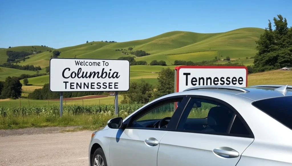 Rental car parked near Columbia Tennessee welcome sign with rolling hills in background