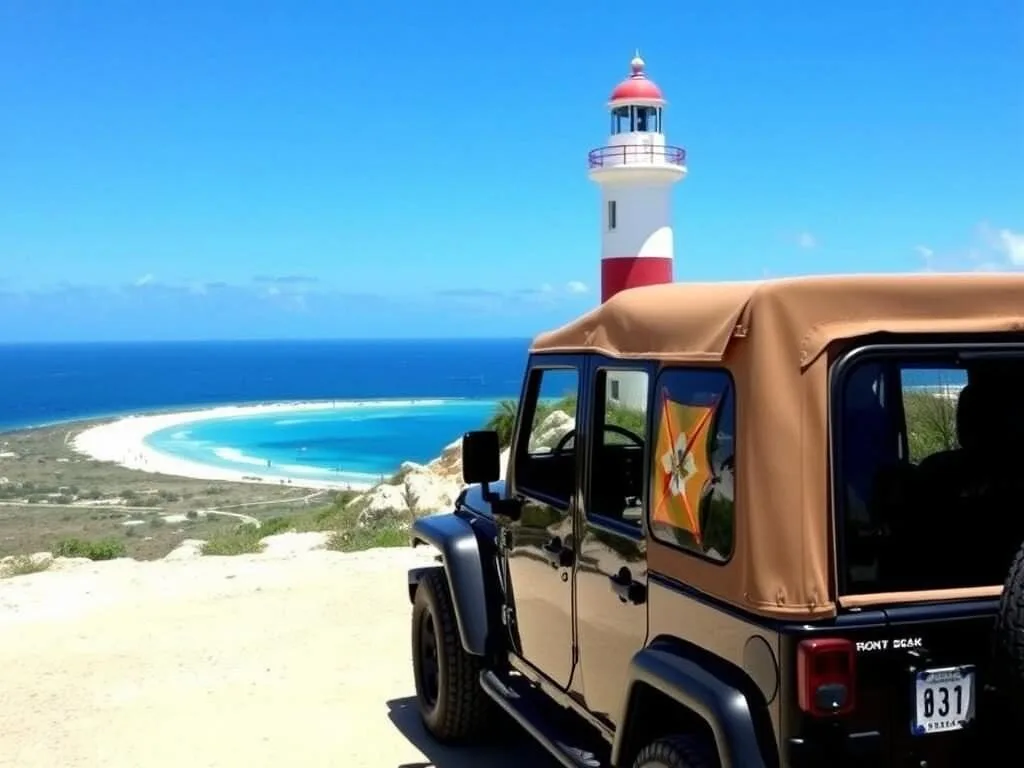 Rental car parked near Malmok Beach in Aruba with the California Lighthouse visible in the background