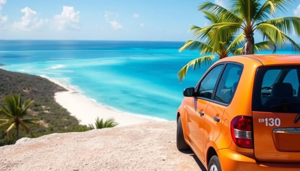 Rental car parked near Rendezvous Bay beach with palm trees and ocean view