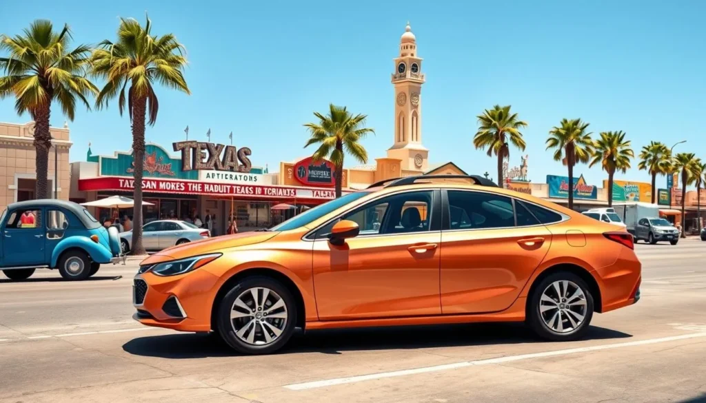 Rental car parked near San Juan attractions with palm trees in background