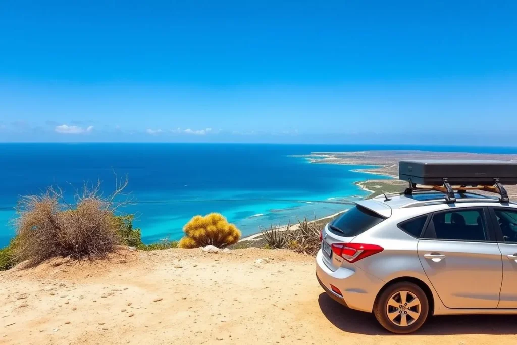Rental car parked near San Nicolas Aruba with coastal scenery in the background