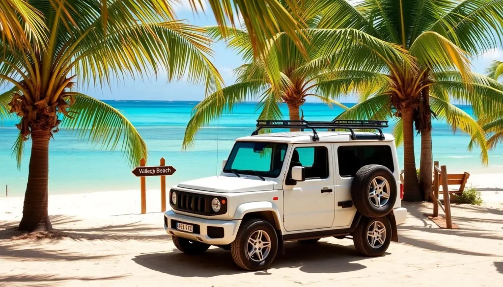 Rental car parked near Valley Church Beach entrance with beach view in background