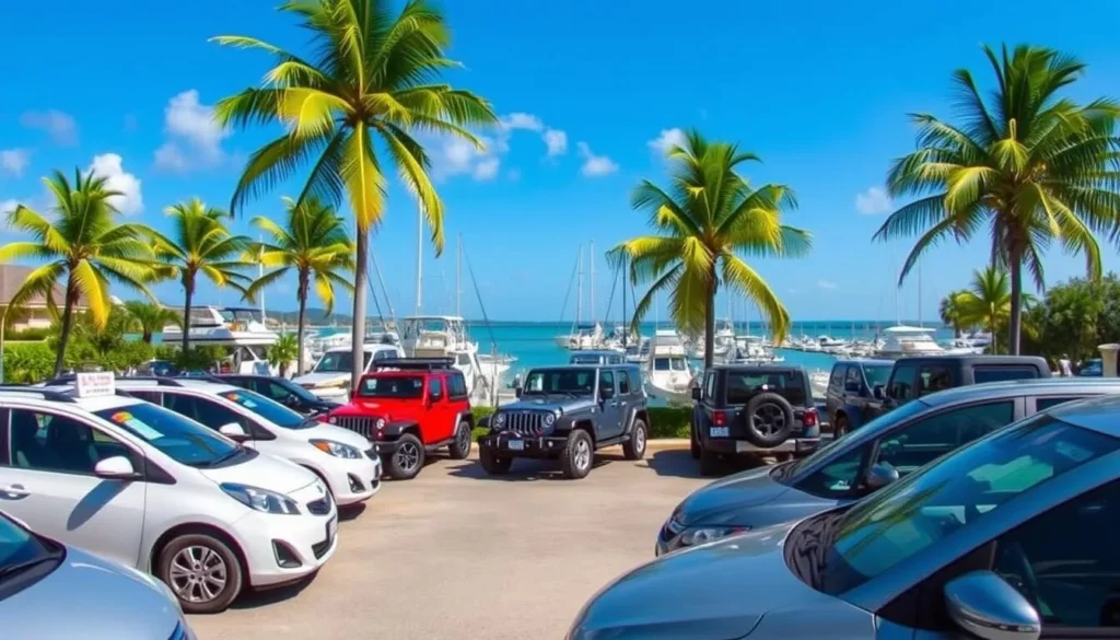 Rental cars parked near Jolly Harbour Marina in Antigua and Barbuda