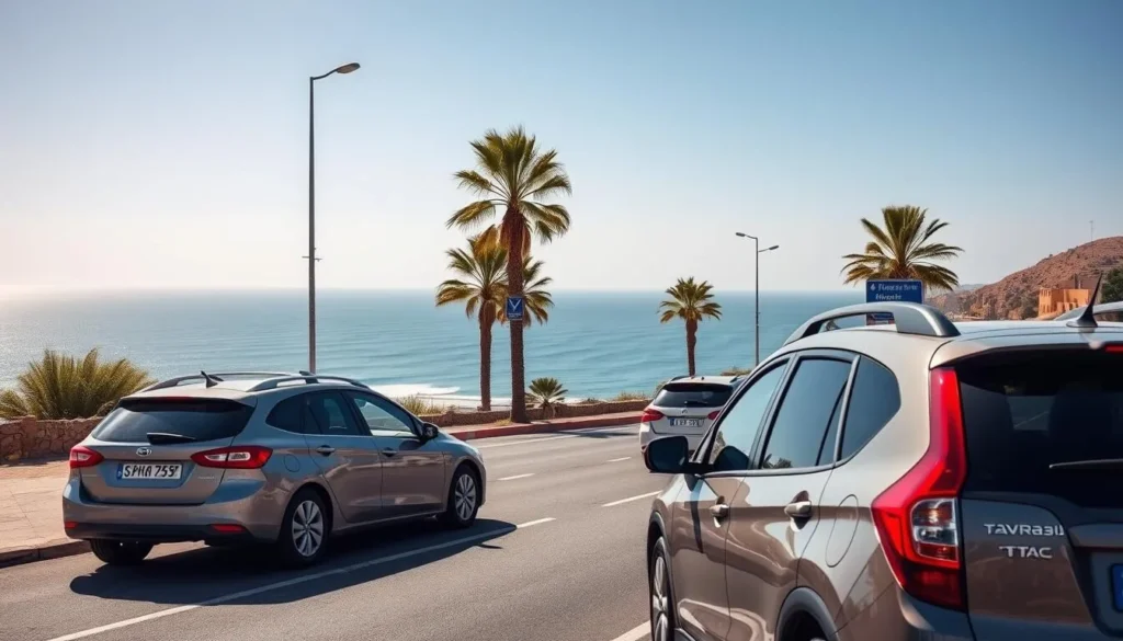 Rental cars parked near Skhirat beach with palm trees and coastal road