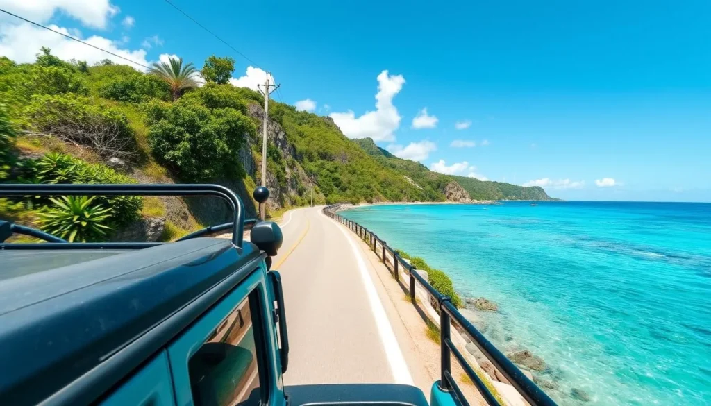 Rental jeep driving along coastal road in Antigua with ocean views