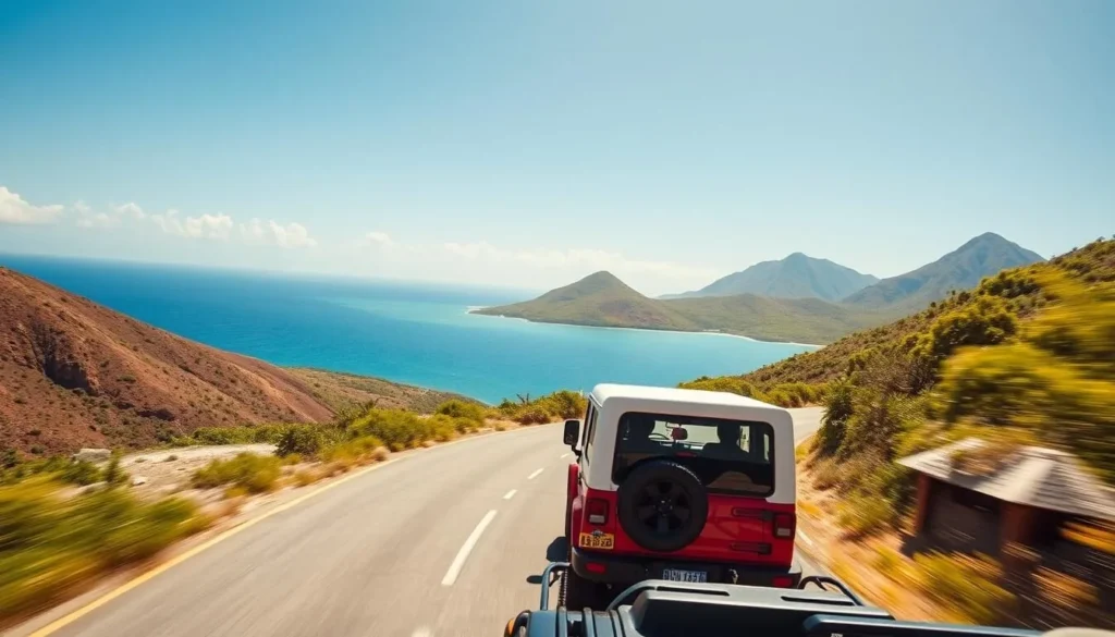 Rental jeep driving along the coastal road near Oyster Pond with ocean views