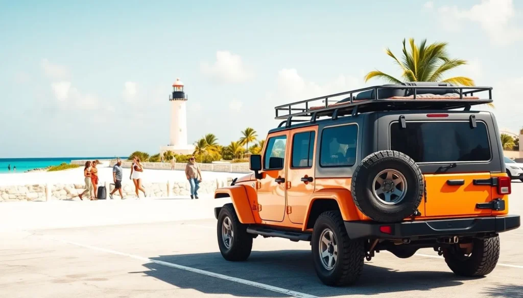 Rental jeep parked near Arashi Beach with California Lighthouse in background