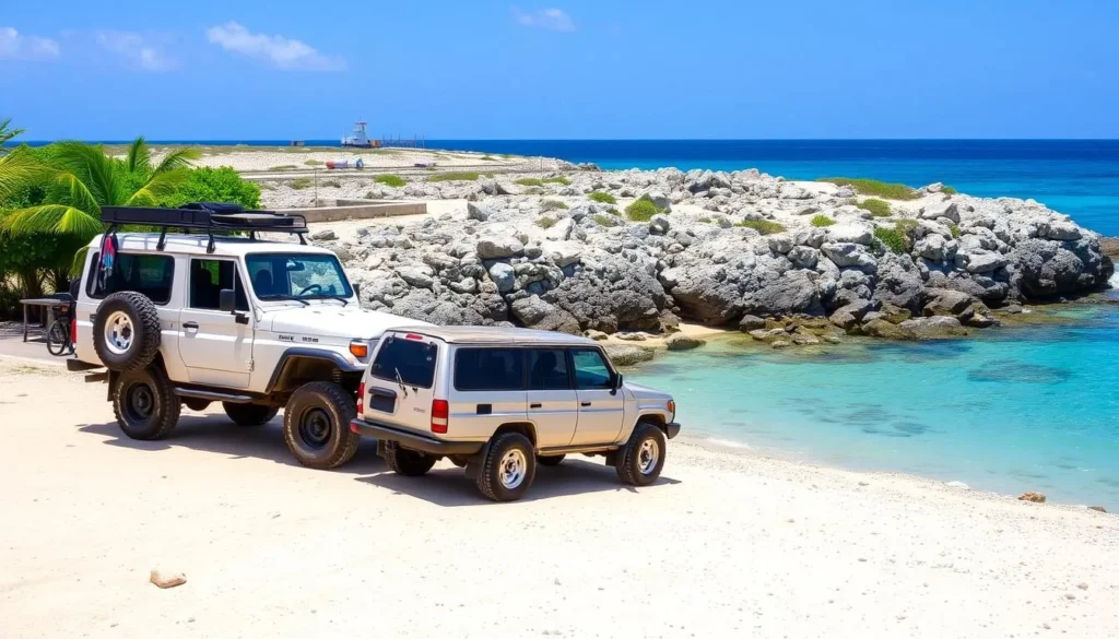 Rental trucks parked near a beach in Bonaire with snorkeling gear visible Rental trucks parked near a beach in Bonaire with snorkeling gear visible