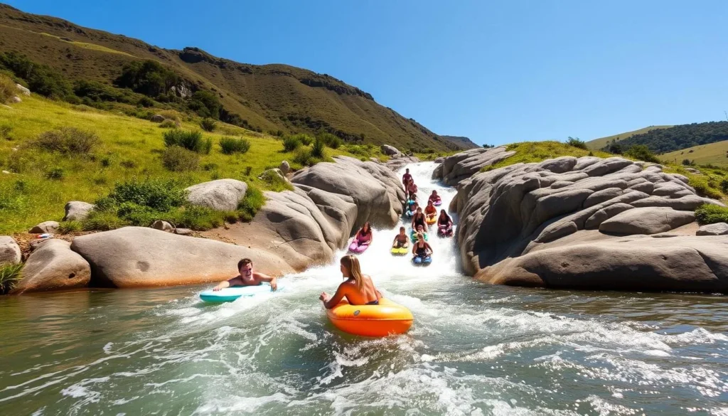 Rere Rockslide with people sliding down the natural water slide