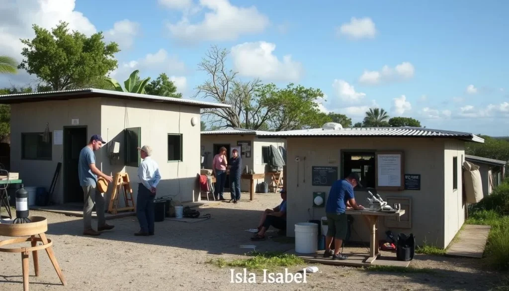 Research station on Isla Isabel with scientists monitoring wildlife