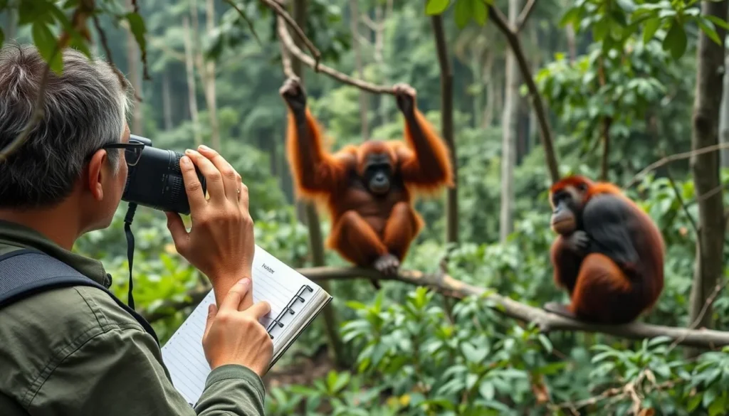 Researcher observing orangutans in Mount Palung National Park from a discreet distance
