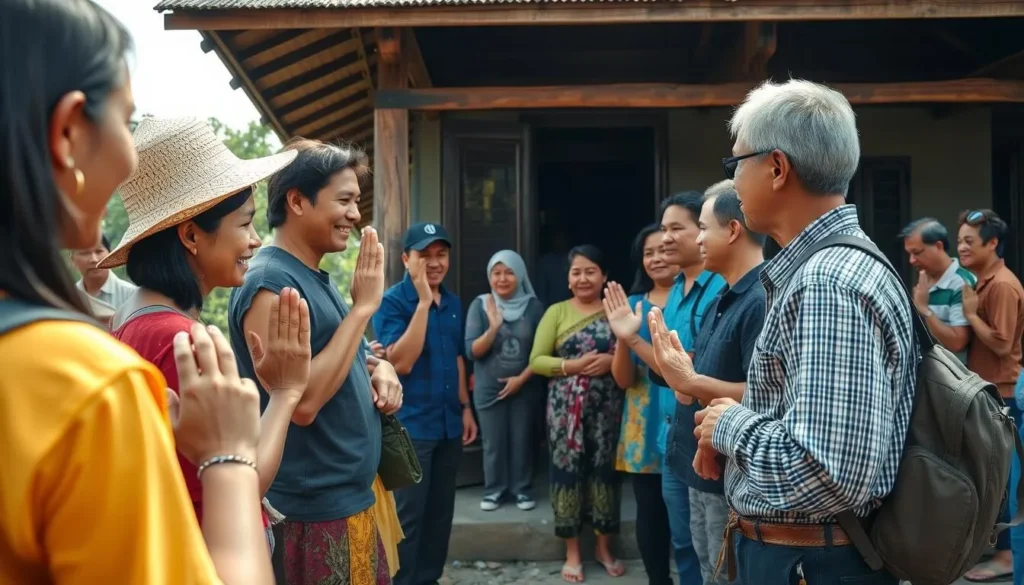 Respectful tourists greeting local Lao villagers with traditional wai gesture