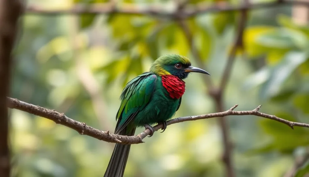 Resplendent Quetzal bird with vibrant green and red plumage in Cusuco National Park