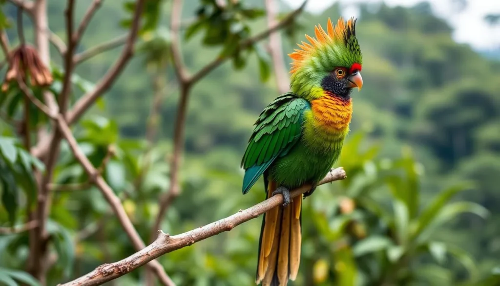 Resplendent quetzal bird perched on a branch in La Muralla National Park