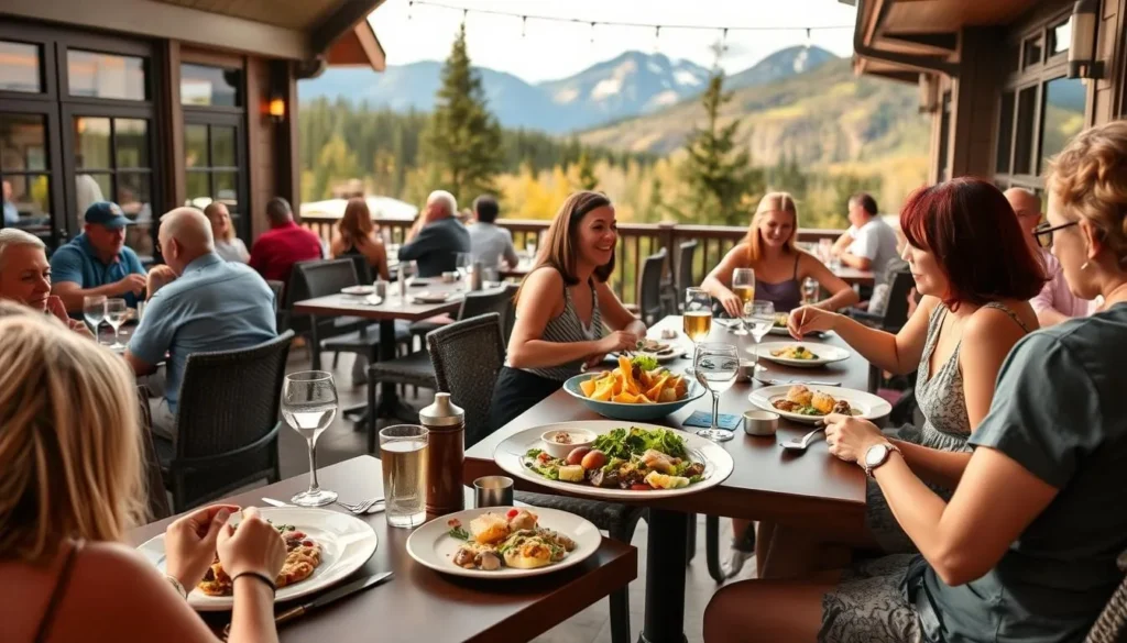 Restaurant at Blue Mountain Village with outdoor patio dining and mountain views