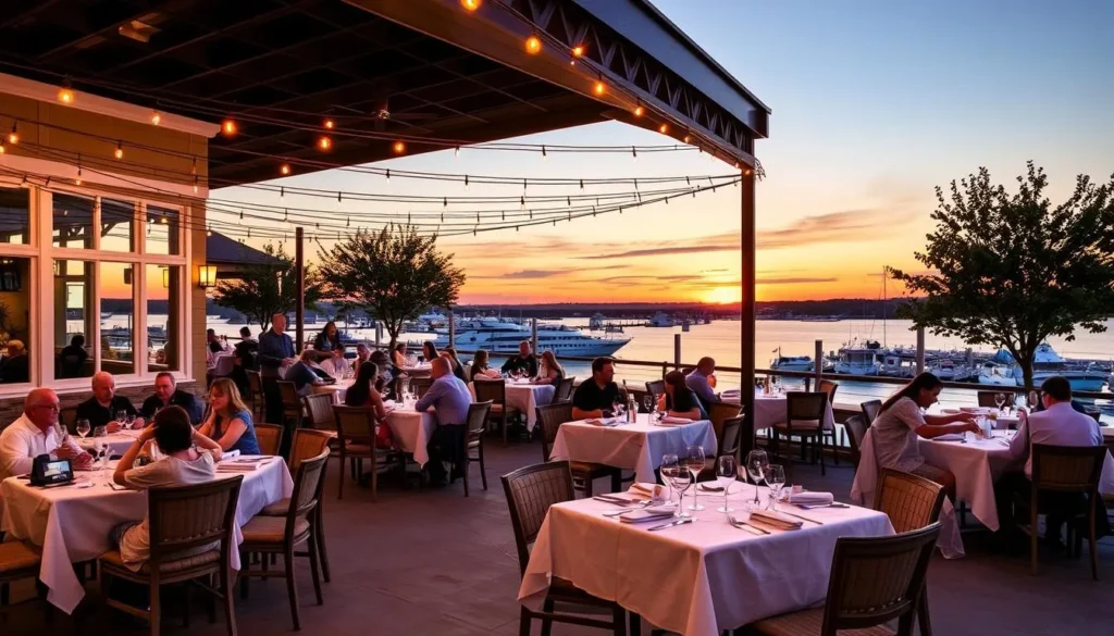 Restaurant at The Harbor Rockwall with outdoor seating and lake views at sunset Restaurant at The Harbor Rockwall with outdoor seating and lake views at sunset