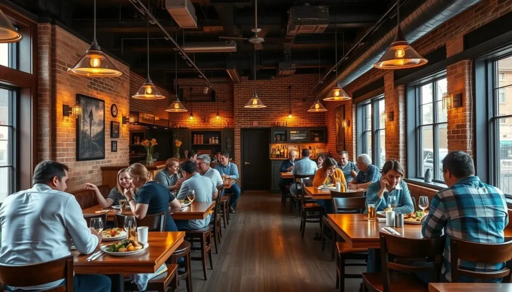 Restaurant interior in downtown Jamestown New York with diners enjoying meals