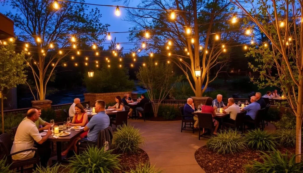 Restaurant patio dining at Watters Creek in Allen, Texas with people enjoying meals outdoors