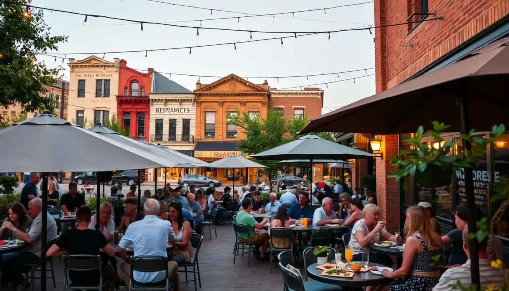Restaurant patio dining in downtown McKinney Texas with people enjoying meals