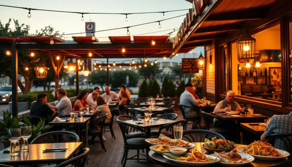 Restaurant scene in Grapevine Texas with outdoor dining and local cuisine