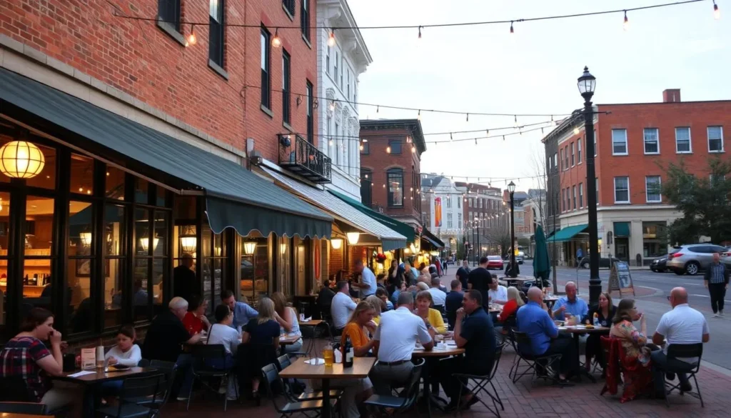 Restaurant scene in downtown Granville with outdoor dining