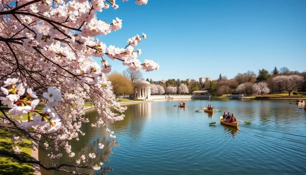 Retiro Park in Madrid during spring with blooming cherry trees and people enjoying boat rides