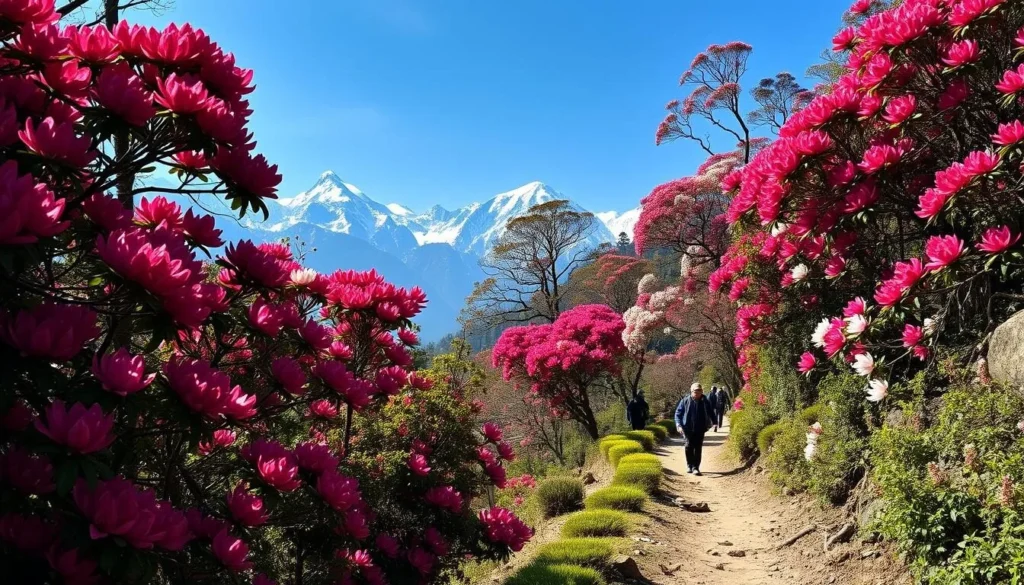 Rhododendron forest in bloom along the Annapurna trekking route with snow-capped mountains in the background