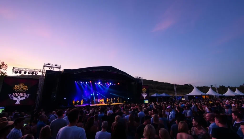 Rhythm and Vines music festival in Gisborne with large crowd and stage