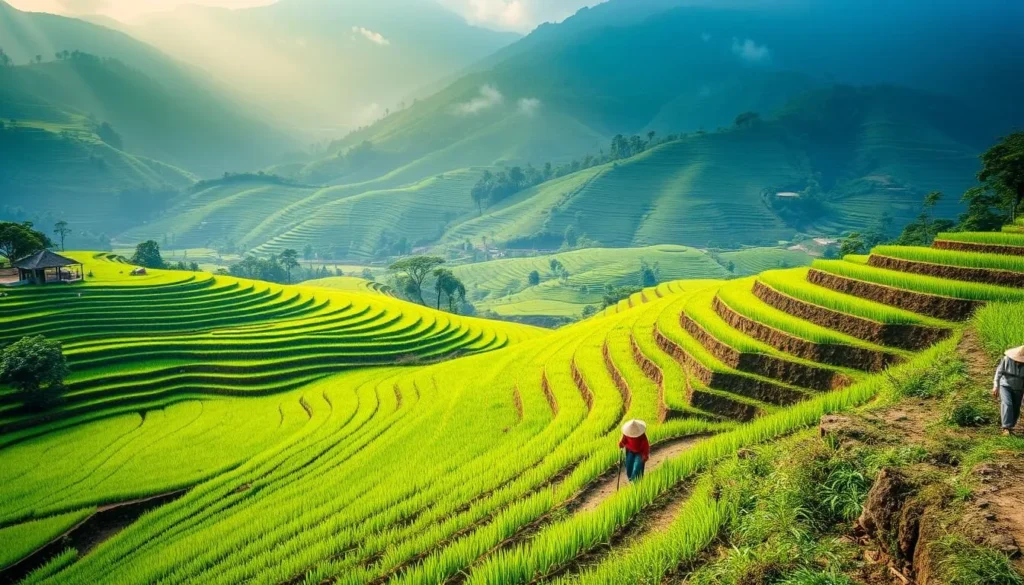 Rice terraces in the countryside near Tasikmalaya with farmers working