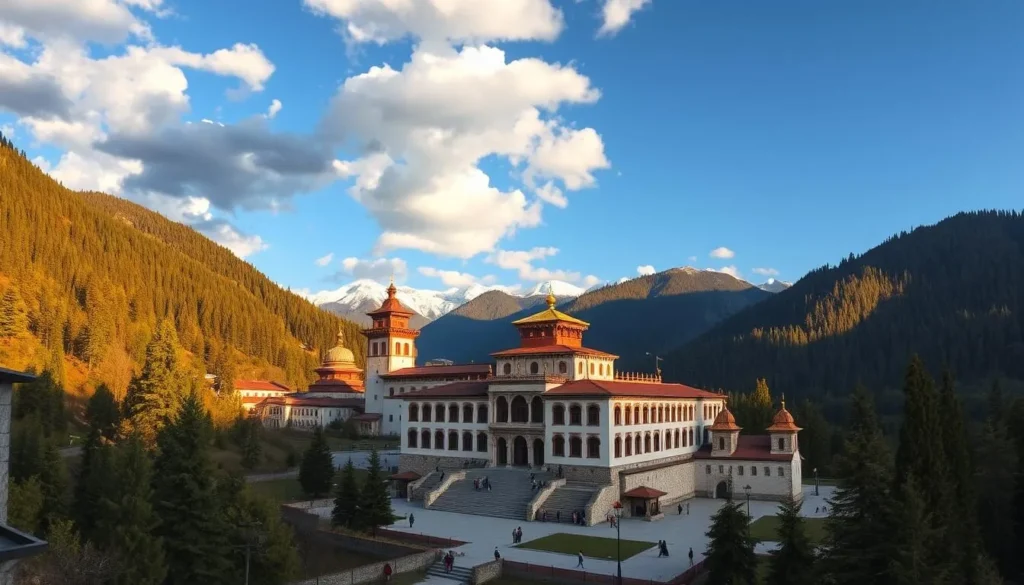 Rila Monastery, nestled in the majestic Rila Mountains, bathed in warm, golden sunlight. A grand, historic structure with ornate architecture, surrounded by lush, verdant forests and snow-capped peaks in the distance. Capture the serene atmosphere, with monks strolling the peaceful courtyards and visitors exploring the intricate frescoes and iconography within the monastery's walls. Utilize a wide-angle lens to showcase the impressive scale and grandeur of this iconic Bulgarian landmark, set against a backdrop of azure skies and fluffy clouds.