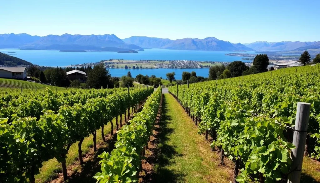 Rippon Vineyard with rows of vines overlooking Lake Wanaka