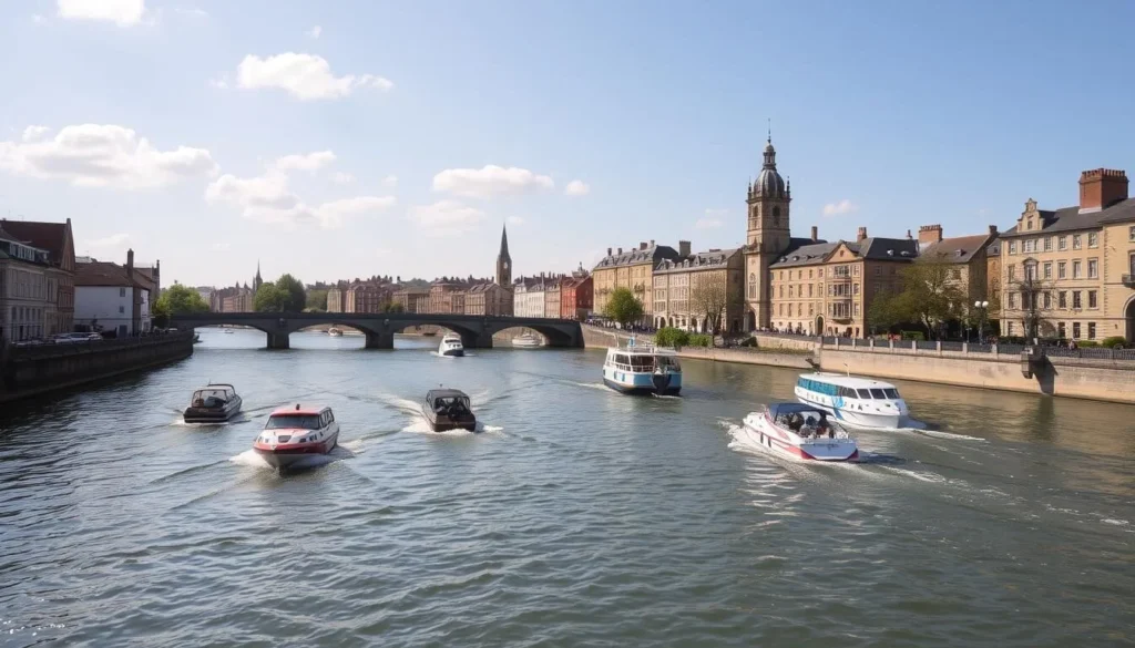 River Ouse in York with pleasure boats and historic buildings along the riverbank