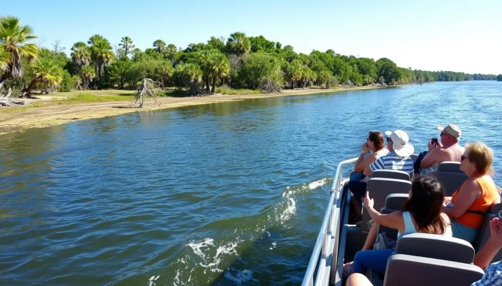 River boat tour on Wakulla River with tourists viewing wildlife