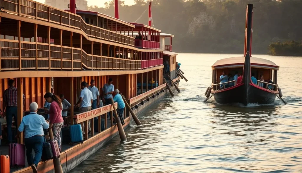 Riverboats docked at Belem's port with passengers boarding for an Amazon journey