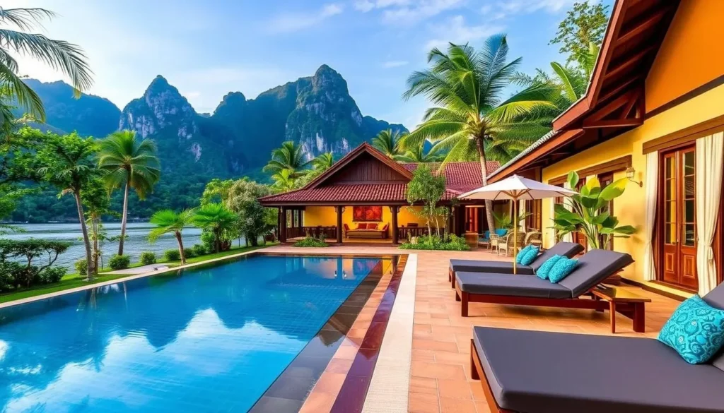Riverside Boutique Resort in Vang Vieng with pool and mountain views, luxury accommodation option for Vang Vieng, Laos things to do