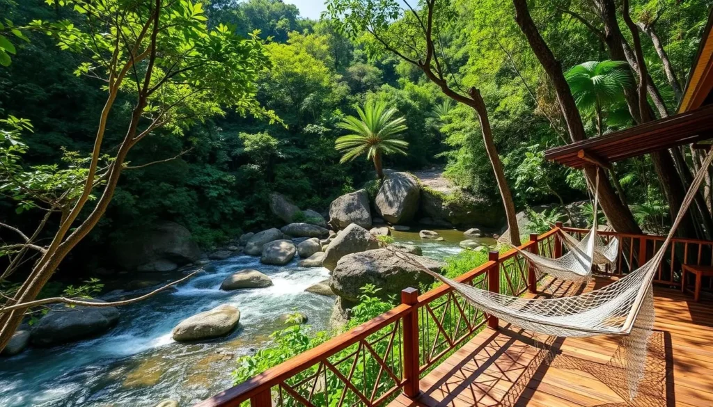 Riverside accommodation at Pico Bonito with hammocks overlooking the Cangrejal River