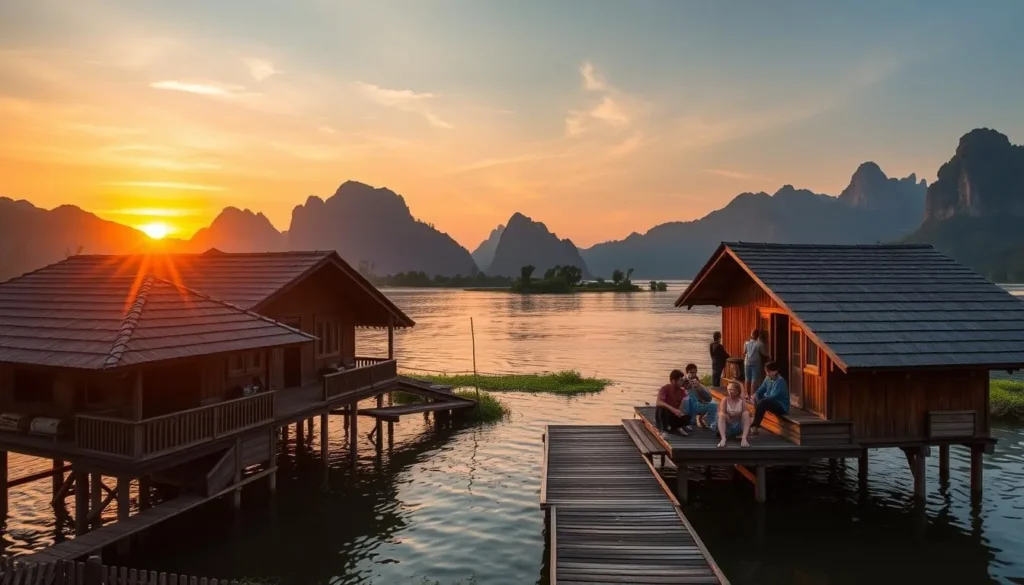 Riverside bungalows near Nam Song Reservoir with mountain views