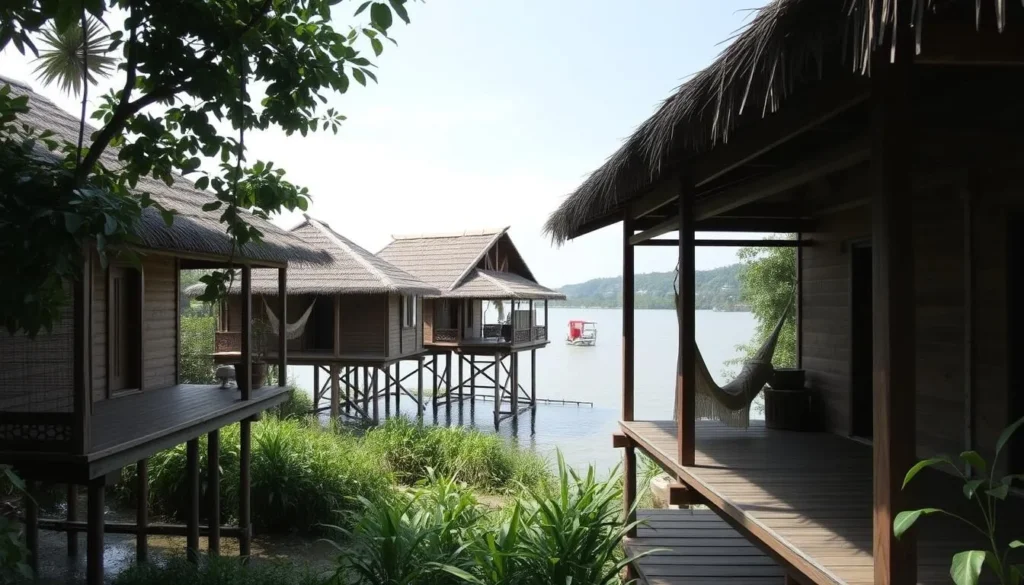 Riverside bungalows on stilts at Don Khone island in Si Phan Don (4000 Islands), Laos