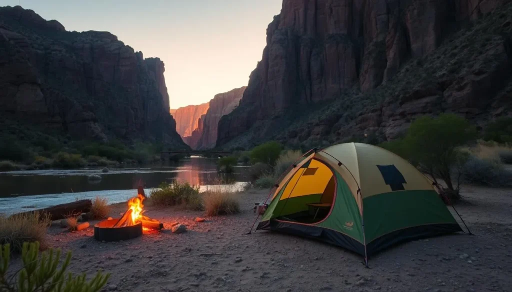 Riverside campsite along the Rio Grande Wild and Scenic River with tent and campfire Riverside campsite along the Rio Grande Wild and Scenic River with tent and campfire