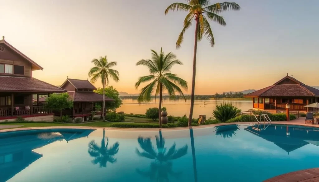 Riverside hotel in Pakse with traditional Lao architecture and views of the Mekong River